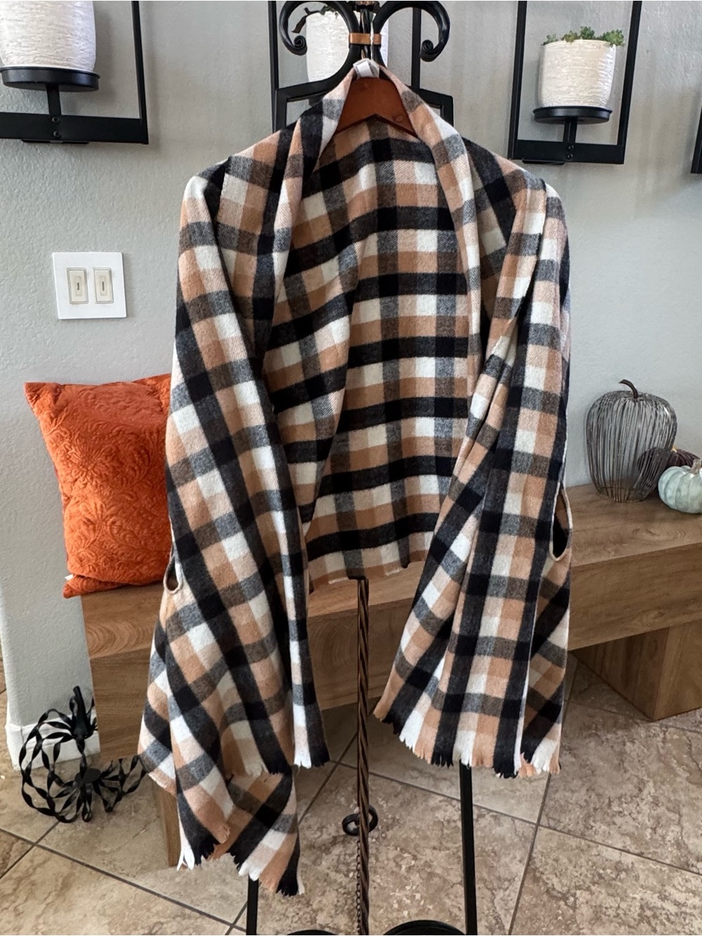 a new day Tan, Black & White Plaid Open-Front Cape w/Pockets